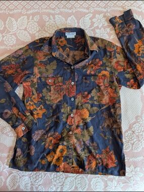 Jaeger Floral Button-Up Shirt Navy with Rust & Olive Blooms